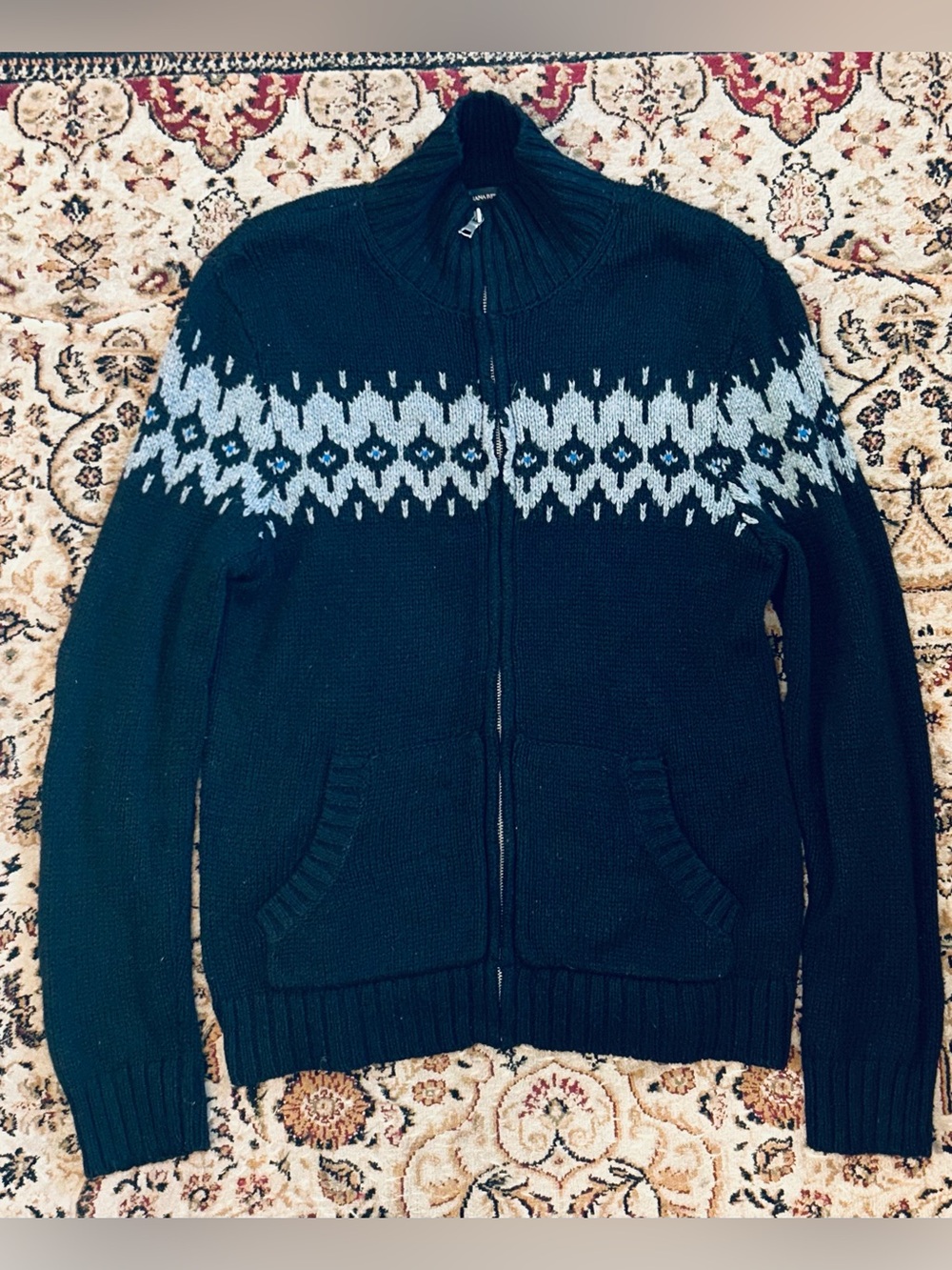 Banana Republic Black Zip-Up Sweater  Men Fair Isle Yoke Wool Blend Mock Neck M
